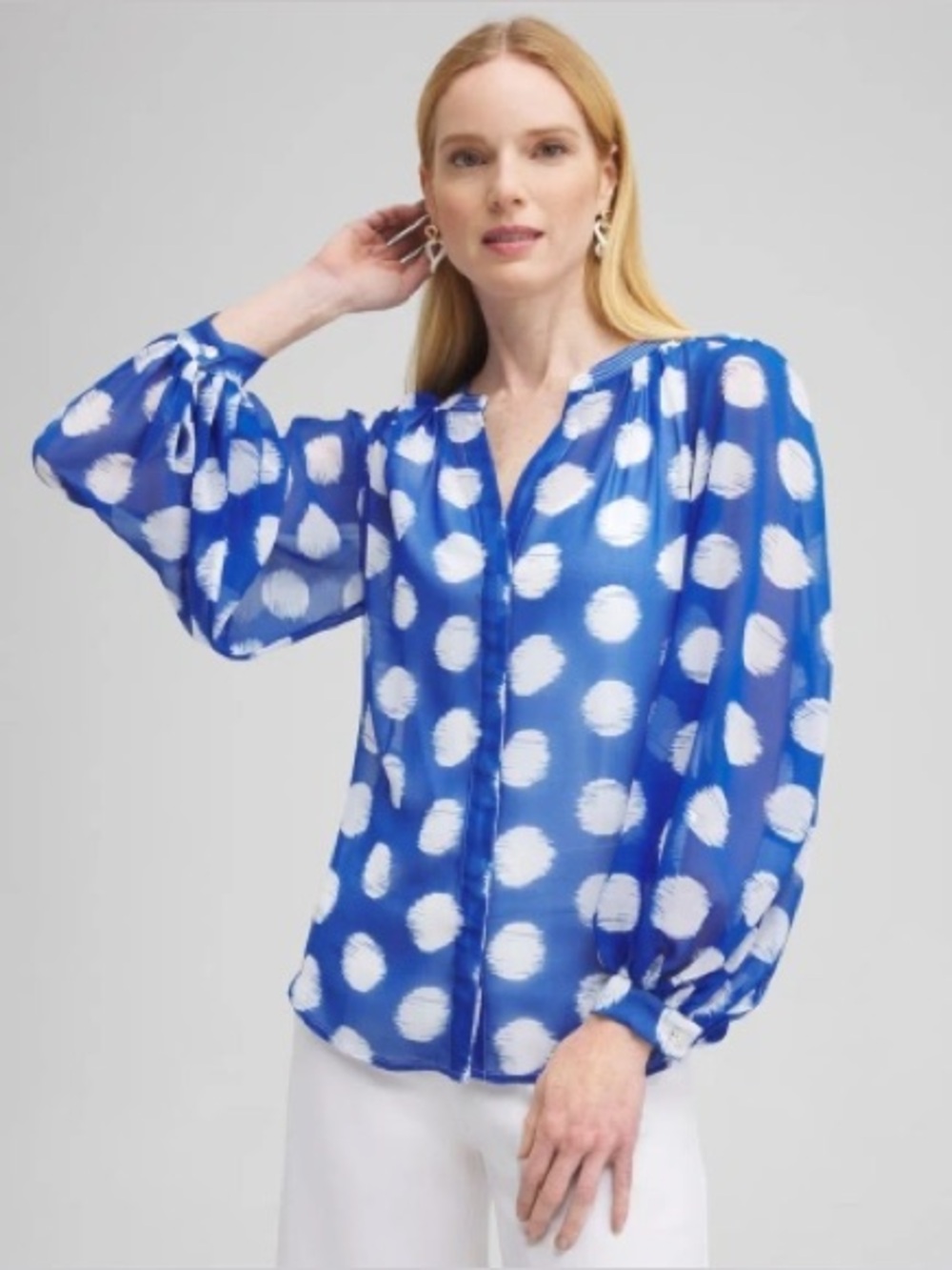 Chico’s Polkat Dots Long Sleeve Blouse‎ SZ 1.5 US 10 V Neck Pullover Color Blue